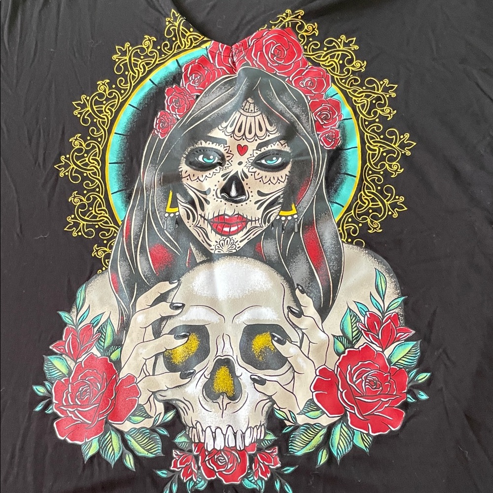 torrid Black Hooded Sweater with Dia de los Muertos Skull & Rose Graphic
